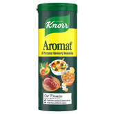 Knorr - All Purpose Savoury Seasoning Aromat 90g container showcases appetizing food images and labels, emphasizing its versatility and that it's free from artificial preservatives and colours.